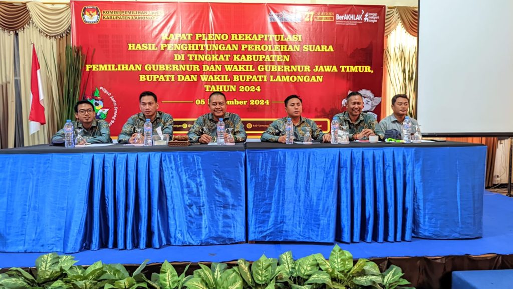 Rapat pleno Terbuka Rekapitulasi Hasil Akhir Pilkada Serentak 2024 oleh KPU Lamongan di Grand Hotel Mahkota Lamongan, Kamis malam (5/12/2024).