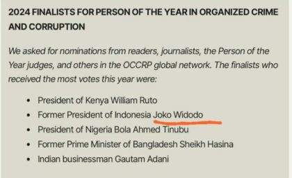 Hasil Tangkapan Layar dari Laman OCCRP yang menyebutkan Presiden Jokowi sebagai Finalis Nominasi Tokoh Terkorup Tahun 2024 yang dirilis OCCRP.