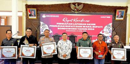 Rapat Koordinasi Persiapan Laporan Akhir Pilkada 2024 di Pendopo Raden Bagus Assra, Bondowoso, Senin (21/4/2025) lalu.