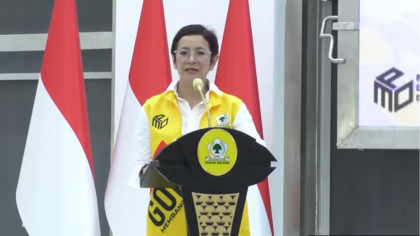 Ketua Bidang Media dan Penggalangan Opini (MPO) DPP Partai Golkar, Nurul Arifin, saat menyampaikan kata sambutan dalam diskusi bertajuk “Arah Kebijakan Geostrategi dan Geopolitik Indonesia” yang digelar di Sekretariat DPP Partai Golkar, Slipi, Jakarta, Kamis (8/5/2025).